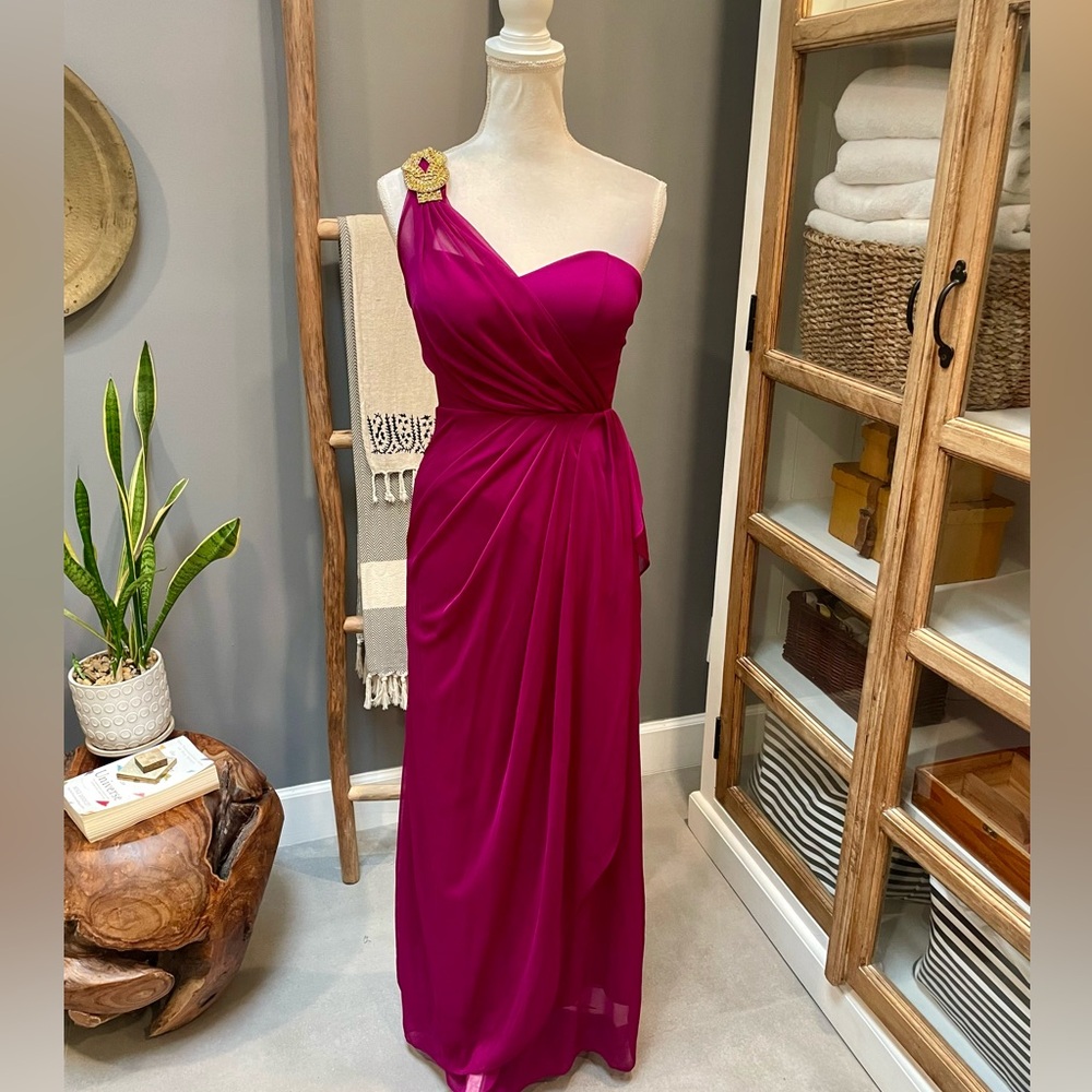 Escape Fuchsia one shoulder evening dress w rhinestone detail